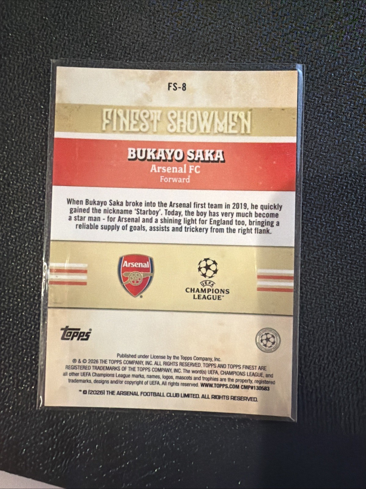 2025-26 Topps Finest UEFA Club Finest Showmen FS-8 Bukayo Saka, Arsenal FC view 2