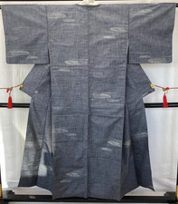 Japanese Vintage Kimono Silk Gray Tumugi Traditional Authentic Length 58 in