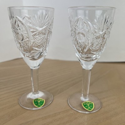 Kusak Brilliant Cut Crystal Chantilly Lace Design 1970 s wine cordial glasses