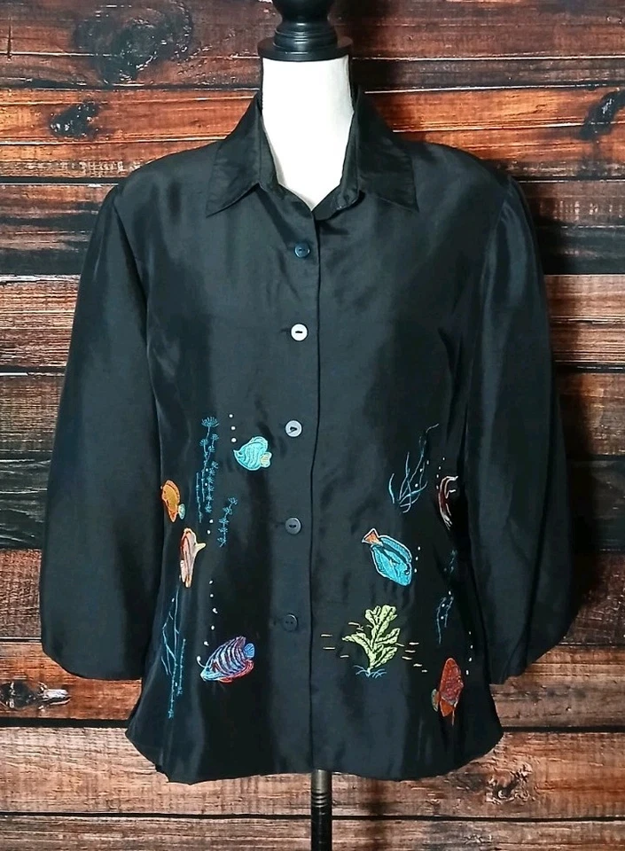 Blusa Top Silkland 14 100% Seda Negra Bordada Peces Tropicales Mangas 3/4 Foto 3 de 4