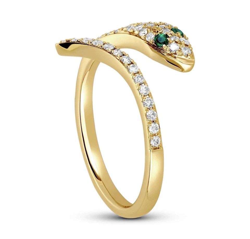 0.15CT Diamond Snake Ring Emerald Eye Serpent 14K Yellow Gold Natural Diamond - Image 3 of 4