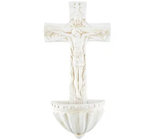 Holy Trinity Holy Water Font Resin White Stone Look 7" High Catholic Home Gift
