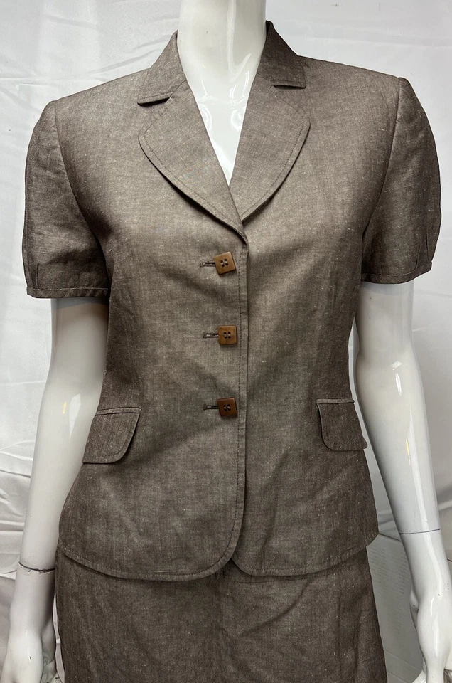 Traje Falda Marrón Tahari ASL Para Mujer 8 Mezcla de Lino Manga Corta Hasta la Rodilla Foto 3 de 4