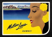 Matson Lines Hawaii Luggage Label w/ Smiling Woman Island Sea Shore NOS VGC