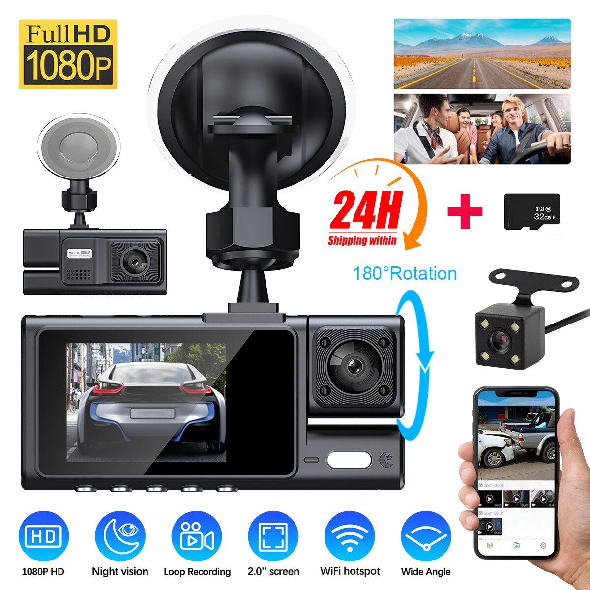 4K UHD 3-Channel Dash Cam with Front Rear Inside View and 32GB Card-image