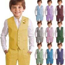 Boy Linen 2 Pieces Suit Set Vest Shorts Set Summer Suit Lightweight Kids Beach