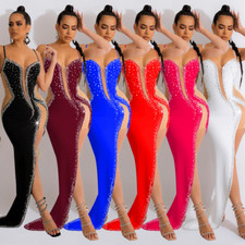 Women Rhinestone Strap Slip Dress Side Slit Formal Party Long Evening Dress Gown