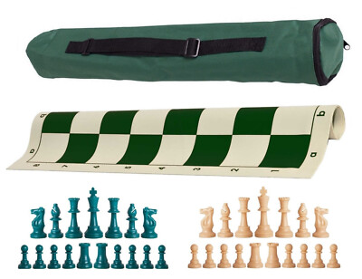 Green Archer Single Weight Chess Set - Board Bag w/ Aqua & Natural Pieces