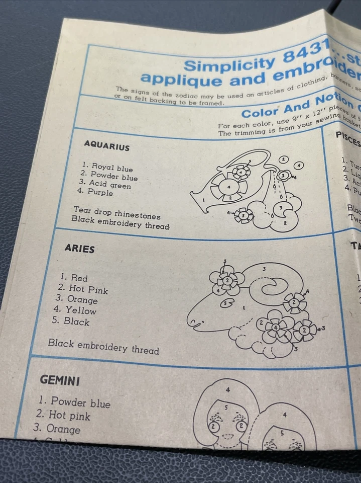 1969 Uncut FF Simplicity 8431 12 Zodiac Applique Transfers No Sew Hippie Fashion - Image 3 of 4