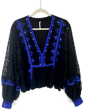 FREE PEOPLE Top Women Size Small Black Blue Long Slv Lace Boho Cottagecore Party