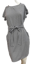 MEROKEETY Dress Womens Summer Short Sleeve T-Shirt Black Stripe Tie Waist Medium