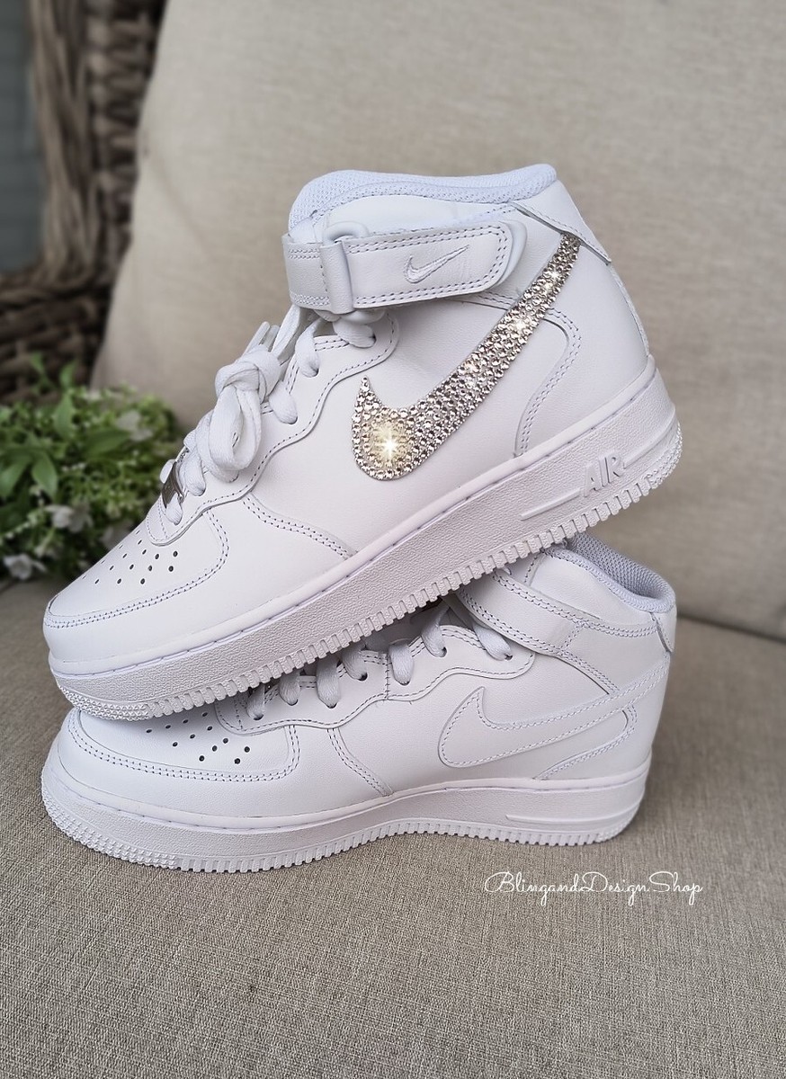 Bling Nikes Air Force 1 07 Mid White Sneakers Shoes made
