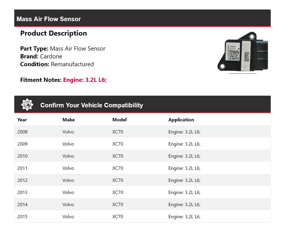 Sensor de flujo de aire másico Cardone 2009 2010 2011 para Volvo XC70 2008-2015 3,2 L L L6 Foto 2 de 4