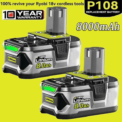 #ad 2PACK For RYOBI P108 18V High Capacity 8.0Ah Battery 18Volt Lithium Ion One Plus $32.49