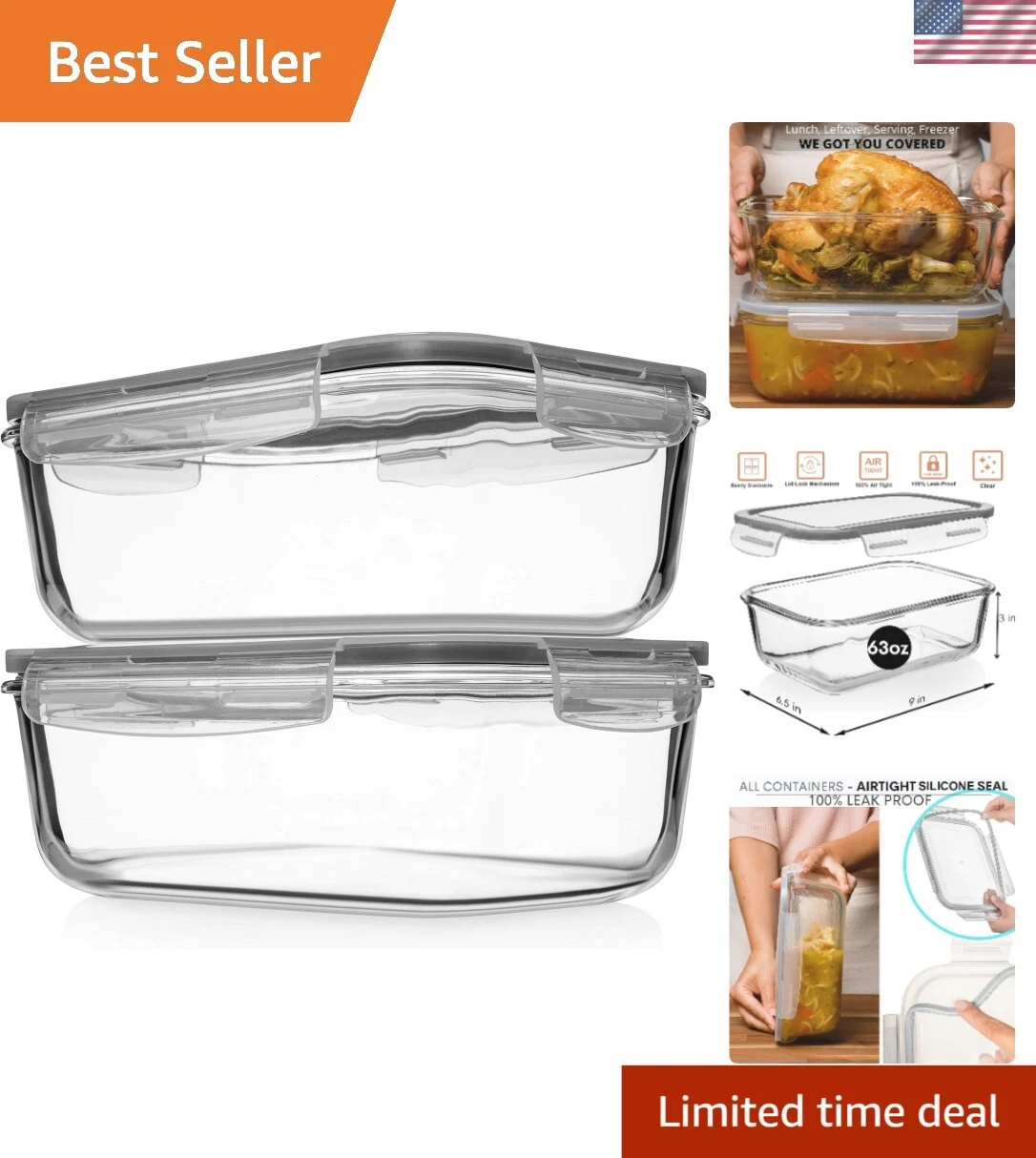 63 Oz Stackable Glass Food Storage Containers - Ideal for Meals & Leftovers
Opens in a new window or