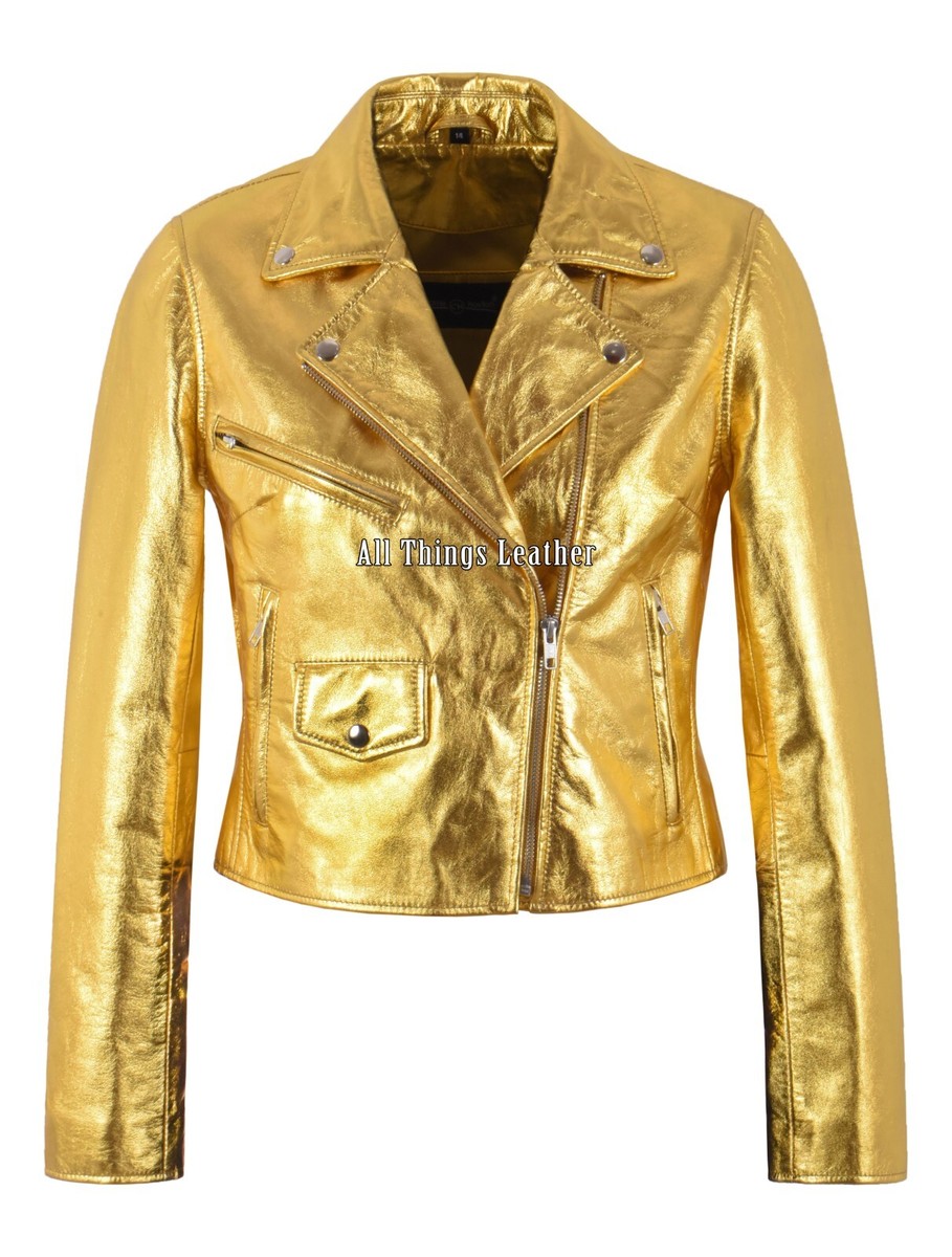 Women's Brando Metallic Foil Golden Slim-fit Biker Leather Jacket Emma  Watson