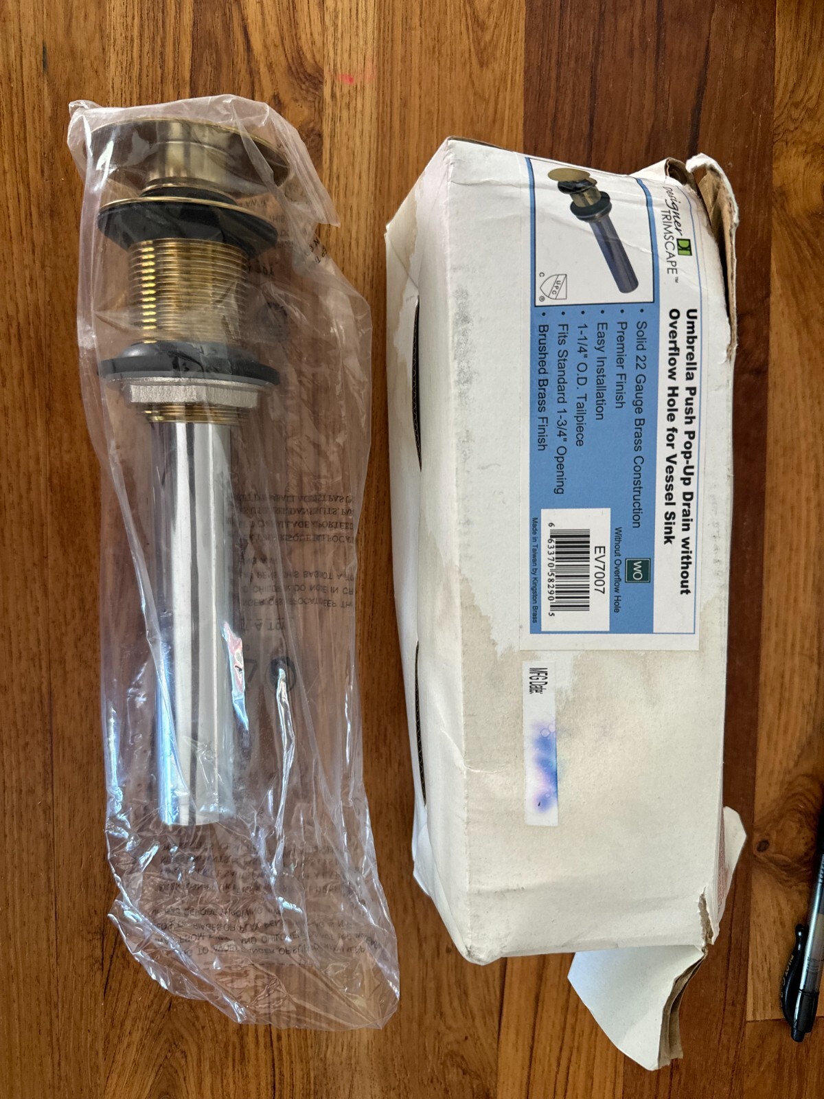 EV7007 Push Pop-Up Drain without Overflow, Brushed Brass 9.44 x 2.75 x 2.75