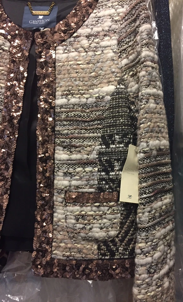 NUEVO CON ETIQUETAS GRYPHON Elle Chaqueta Lana Metálica Tweed Talla Mediana Saks Fifth Ave. $595 Foto 3 de 4