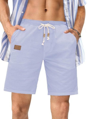 Mens Cotton Linen Casual Shorts Elastic Waist Drawstring Summer Beach Shorts - Picture 39 of 47