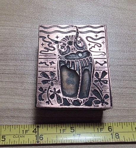 Vintage Letterpress Printing Block Stylized Owl Flowers Sky