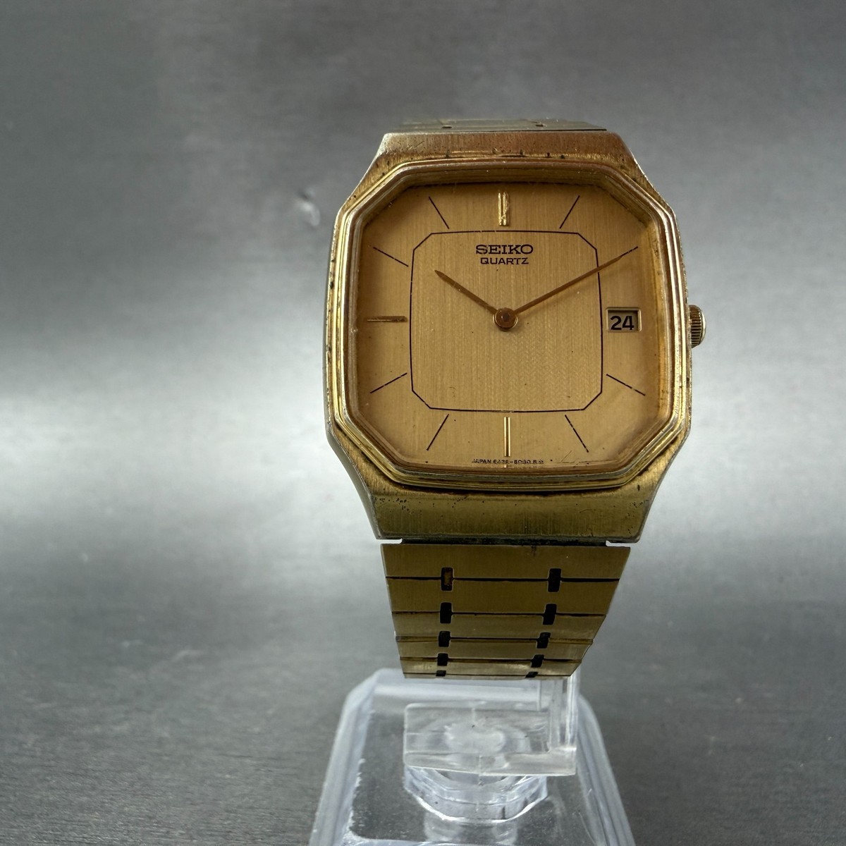 Seiko Tank Watch Men 29mm Champagne Dial Gold Tone Date Octagon