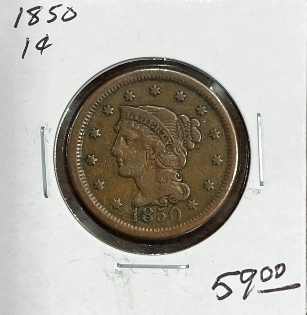 Uncertified 1850 Year Braided Hair Large Cents (1839-1857) for