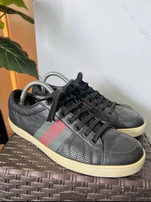 Gucci Black Perforated Leather Web Detail Low Top Sneakers Size US 8