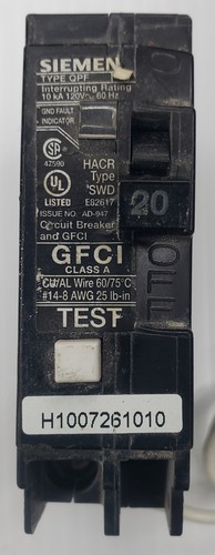 Siemens E82617 GFCI Single Pole 20 Amp 120 Volt Circuit Breaker Type QPF G1B3