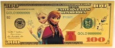 Princess Elsa & Anna Frozen Disney $100 Novelty 24K Gold Plated Note Bill GFN66