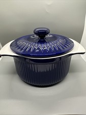 Roshco Ribbed Casserole Dish Baker 2 Qt Cobalt Blue & White Ceramic Cookware