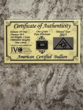 Barra de platino fino ACB Platinum 1 grano .999 en tarjeta de ensayo con certificado de autenticidad