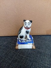 Vintage Porcelain Cat Figurine on Blue Pedestal with Gold Anchor Mark