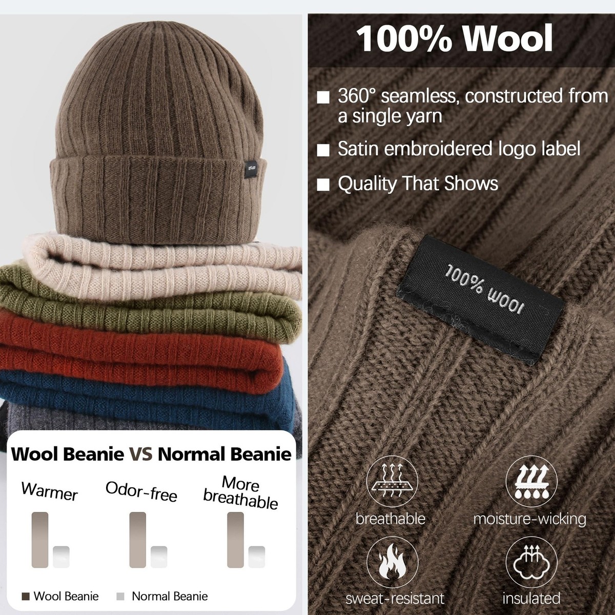 100 Wool Beanie for Men Women Windproof Double Layer Super 