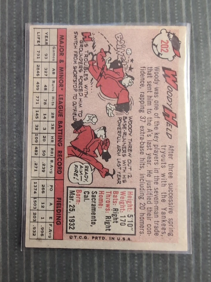 1958 Topps Baseball Woodie Held #202 casi nuevo-como nuevo+ nítido centrado Foto 2 de 2