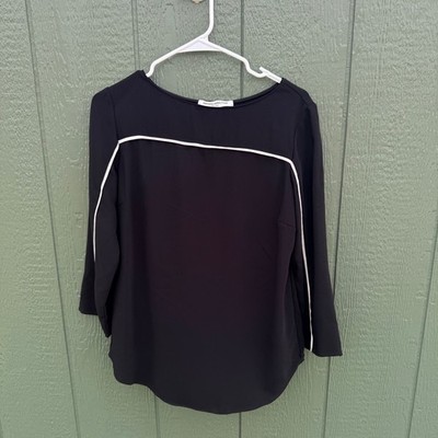 Amanda Uprichard Blouse Womens Medium Black Contrast Piping 3/4 Sleeve Boat Neck