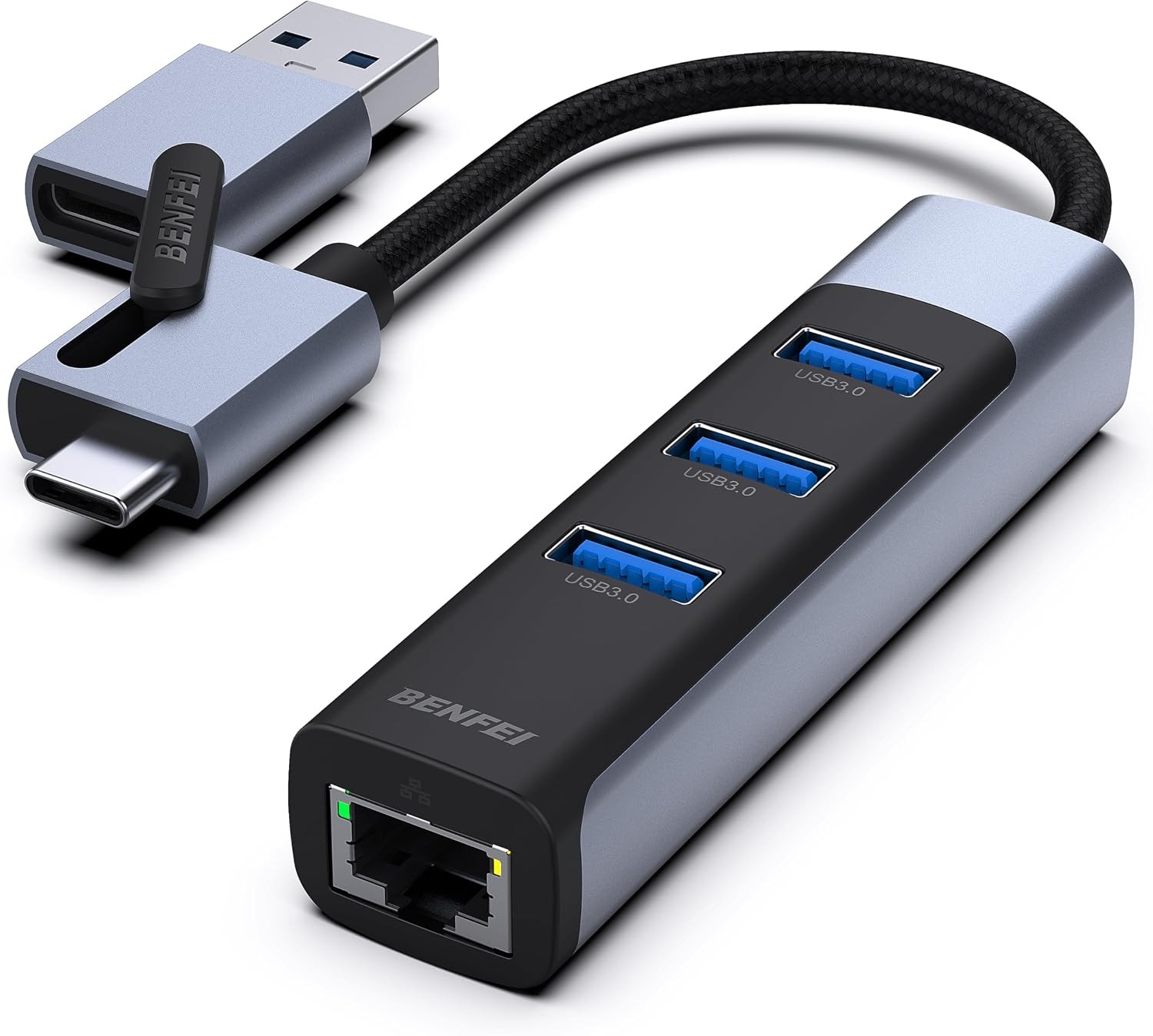 USB C to Ethernet Adapter with 3x USB 3.0 Ports for MacBook, iPhone 15, Grey