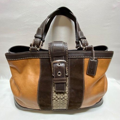 Coach Hampton Stripe Satchel F11346 Leather Suede Large Shoulder Bag Tote Rare - Picture 2 of 23