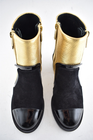 Chanel 18B Gold Black Patent Suede CC Logo Zipper Zip Short Ankle Bootie Boot 35