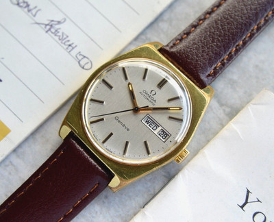 27/05/1975 Vintage Omega Geneve Gold Automatic Leather Men's Dress Watch Papers