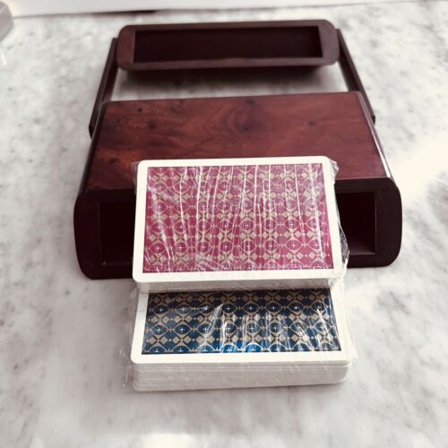 Vtg Playing Card Holder Made In Italy By Bi-Ass Burl Wood w 2 Packs of Cards - Picture 9 of 9