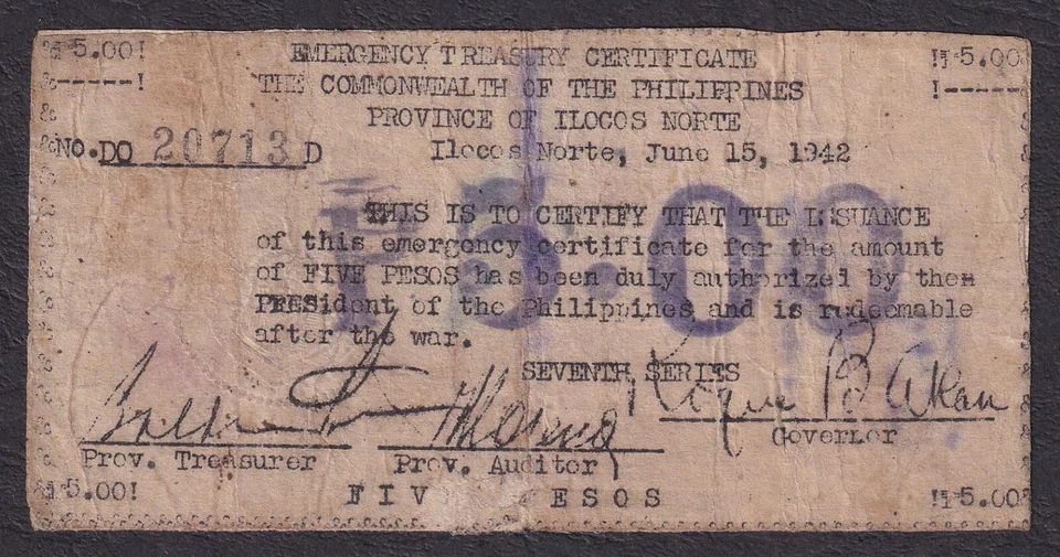 WW2 US Philippines 5 Pesos ILOCOS NORTE Registered Emergency Treasury Certificat - Image 2 of 4
