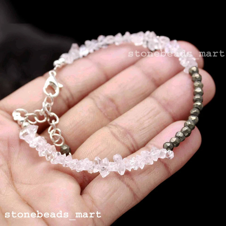 Brazalete hecho a mano de plata de ley 925 Herkimer diamante cuarzo + pirita 7" Foto 3 de 4