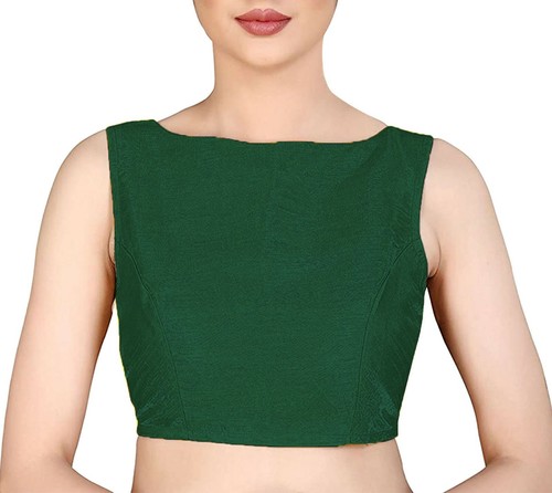 Women Dupion Silk Blouse Boat Neck Sleeveless Handmade Designer Choli Crop Top - Picture 9 of 44