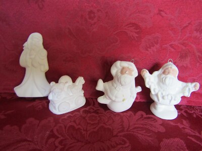Lot 0f 2 Vintage Plaster Ready to Paint 2 Christmas Ornaments + 2 Figurine