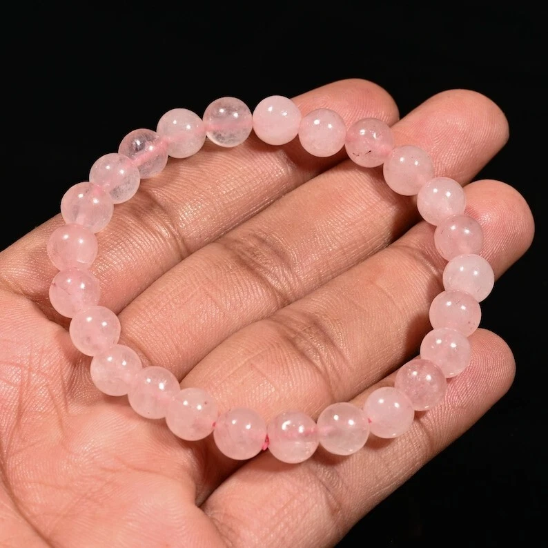 Pulseras A++ de cuarzo rosa redondas lisas con cuentas de piedras preciosas atraer amor para mujer de 6-8"" Foto 2 de 4