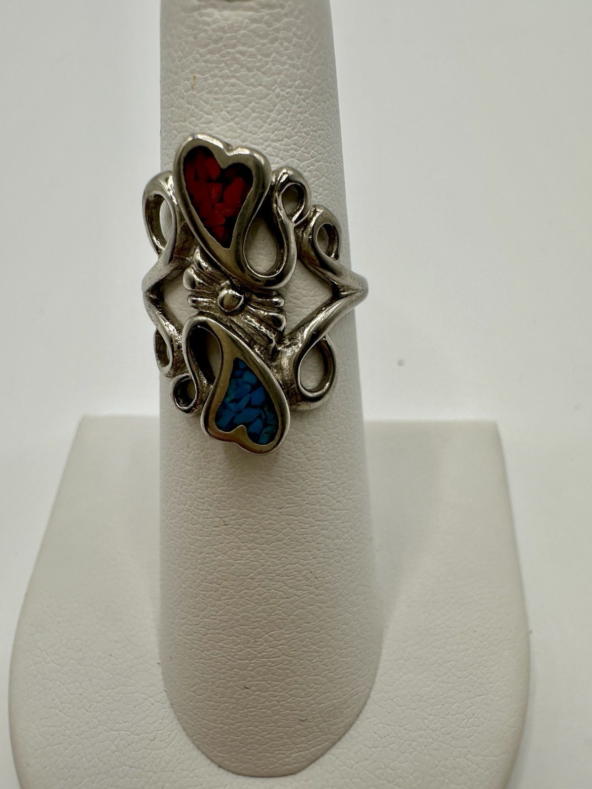 Southwest Silver Tone Heart Shaped Ring With Turquoise And Red Inlay.Signed 5.75