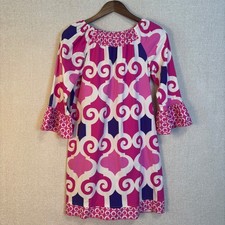 Lolly Wolly Doodle Pink Purple Geometric Scroll Bell Sleeve Cotton Dress 12
