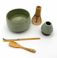 Matcha Tea Set 5 Piece Green Crackle Glaze Bowl Whisk Holder Bamboo Whisk Scoops