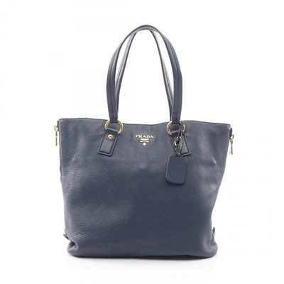 PRADA Logo Tote Bag with Side Zip leather Navy Used Women
