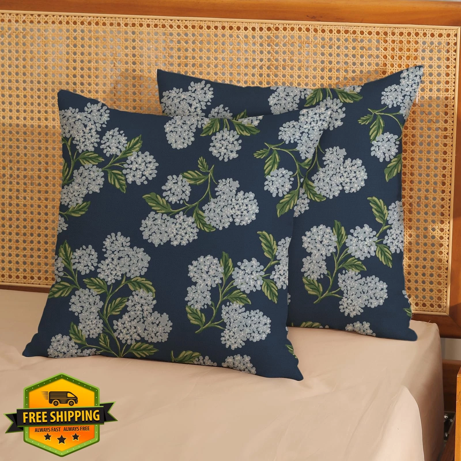 Golianda Navy Hydrangea Pillow Covers 18x18 Set of 2 Blue Green Floral
